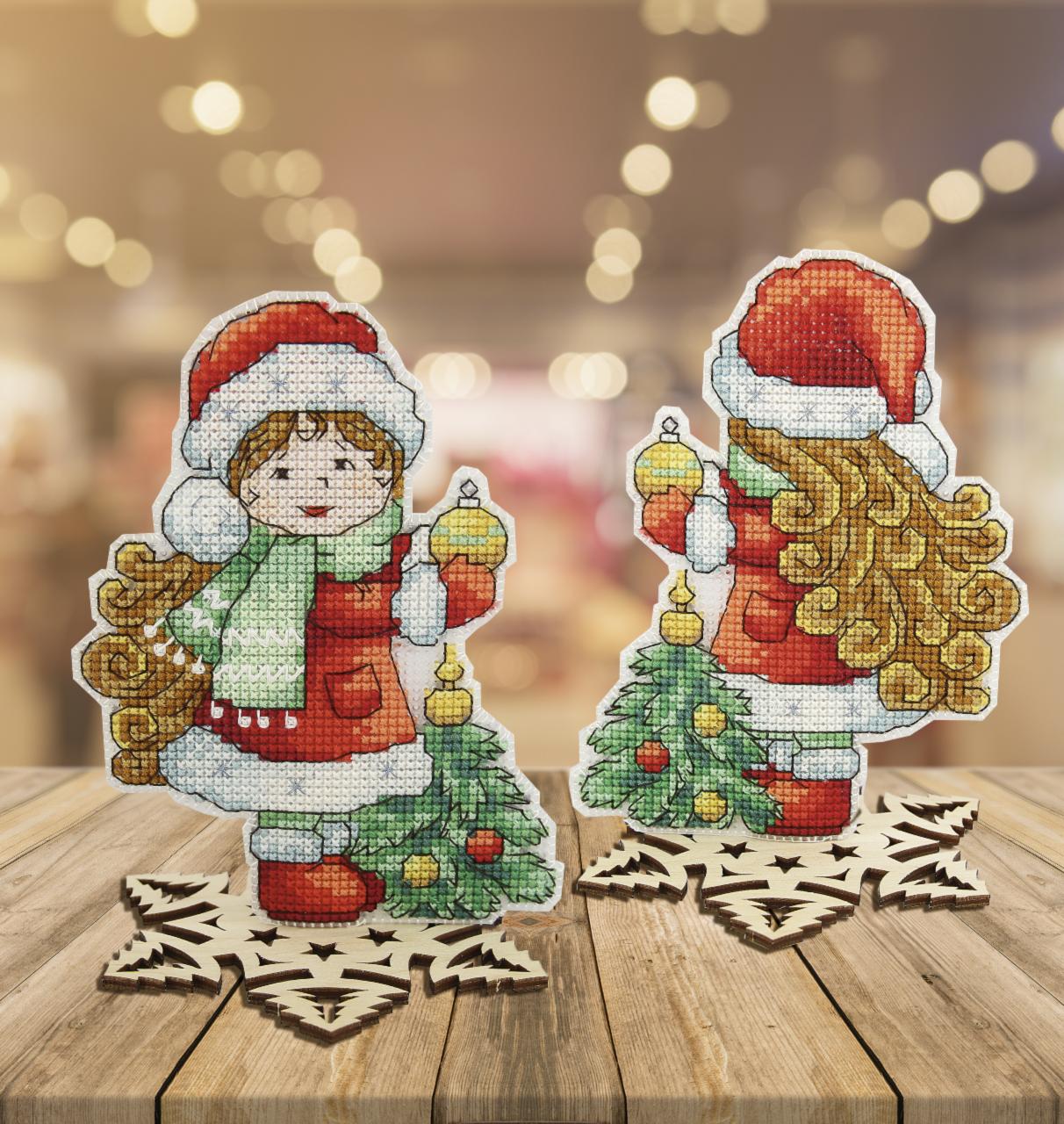 Stitched wooden souvenir ornament with holiday motifs