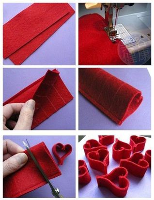 Process of sewing felt strips to create heart shapes