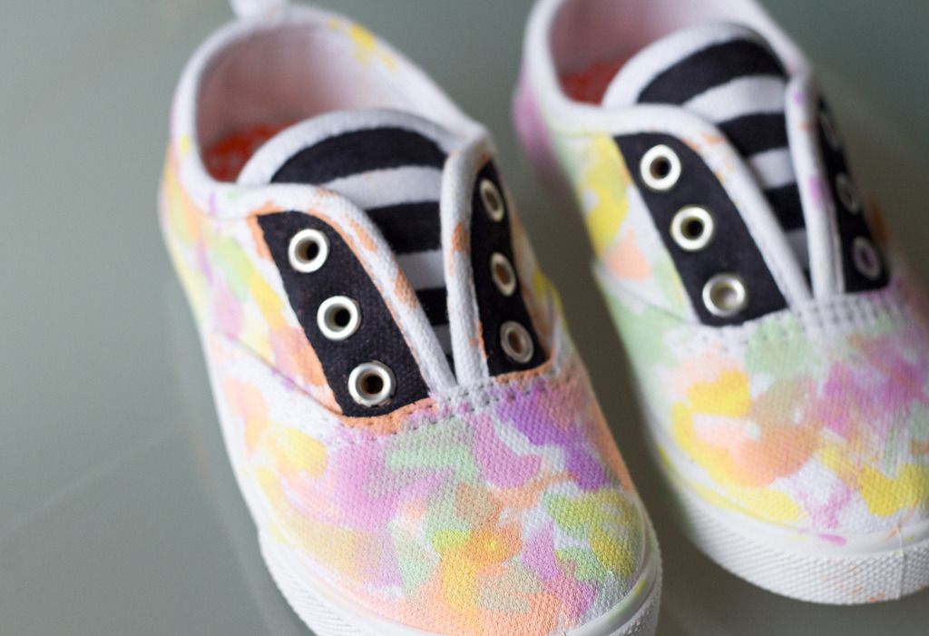 White canvas slip-on shoes with pastel dye marks