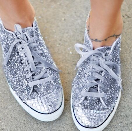 Silver glitter-covered lace-up sneakers