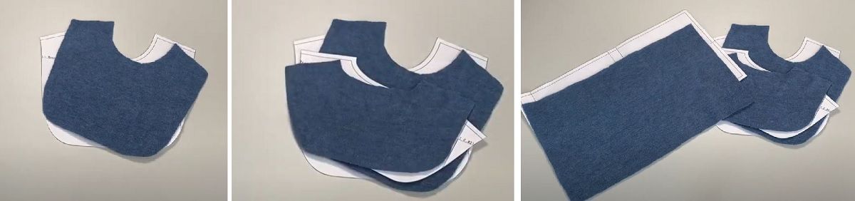 Cut blue knit pieces for the neck warmer dickey