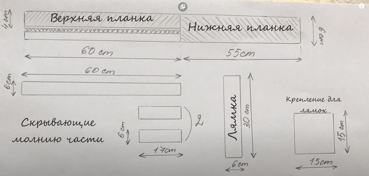 Diagram of upper and lower plackets, straps, and zipper-cover strips