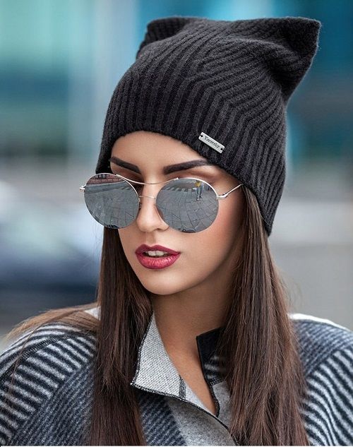 A black knitted hat with ears