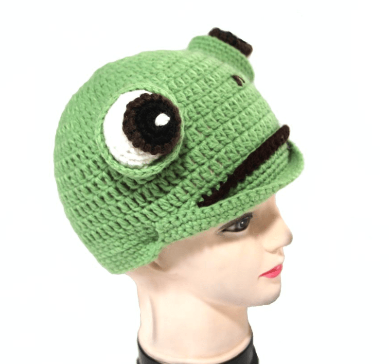 Reference photo of a frog hat with large eyes and a black mouth