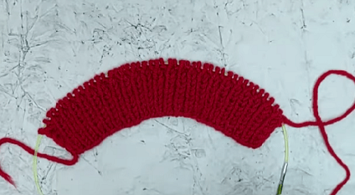 Red 1 x 1 ribbing on circular needles for the slipper