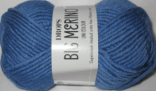 A skein of blue Big Merino Drops yarn for a helmet hat
