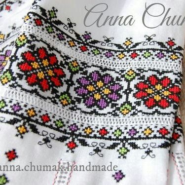 Close-up of the neckline of a white vyshyvanka with floral cross-stitch embroidery