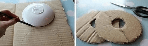 Cardboard rings being traced, cut, and wrapped with pink tulle