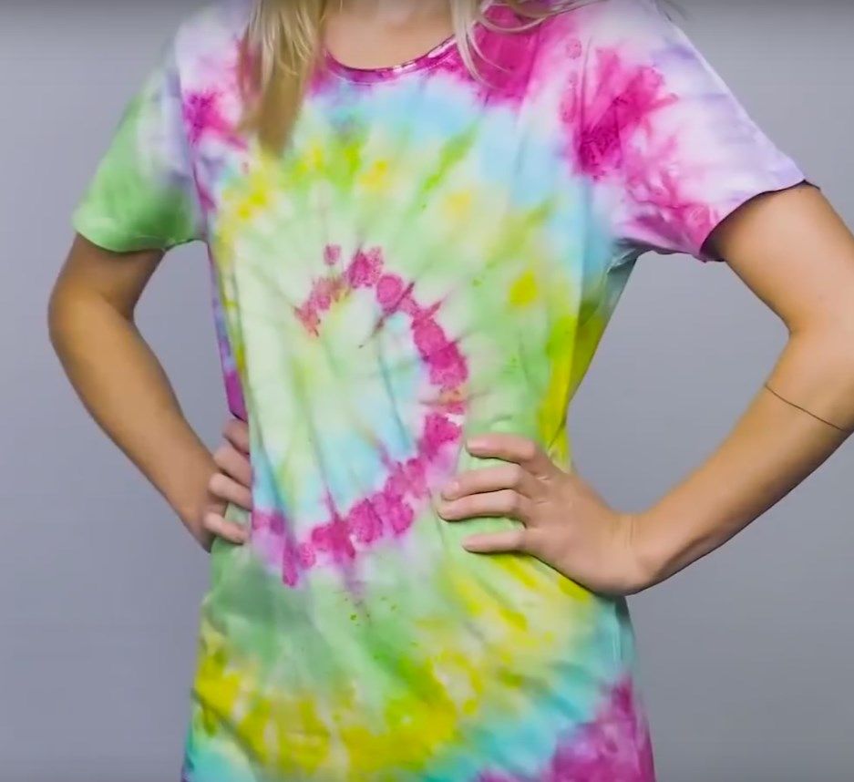 Side view of the finished spiral tie-dye T-shirt