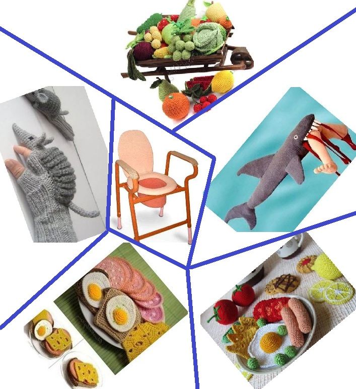Collage of unusual knitted and crocheted objects, including food, a chair, and a shark
