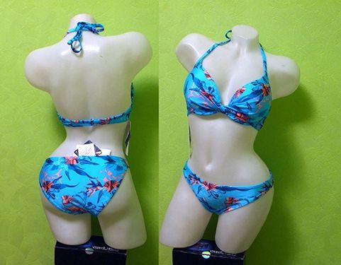 Blue floral print swimsuit on a mannequin