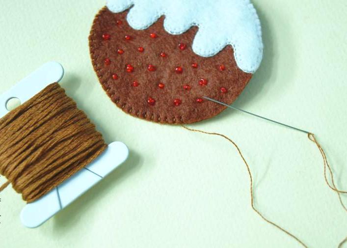 Blanket-stitching the edge of a pudding ornament