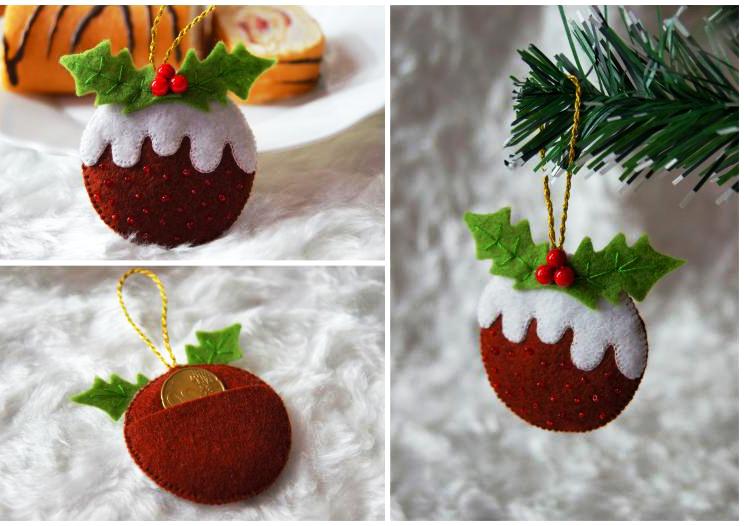 Collage of the finished pudding Christmas ornament