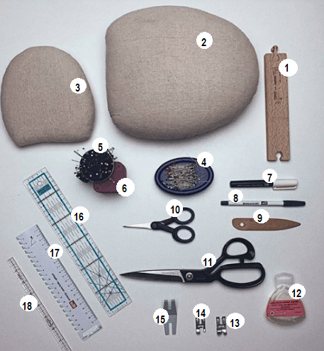 A collection of various sewing tools laid out on a table