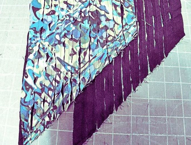 Close-up of cut fabric layers in the chenille technique