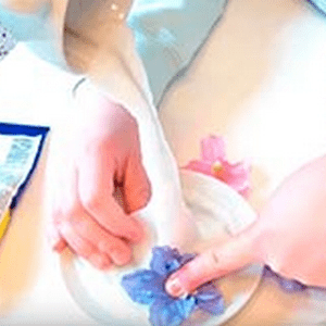 Hand placing a blue flower in a cup