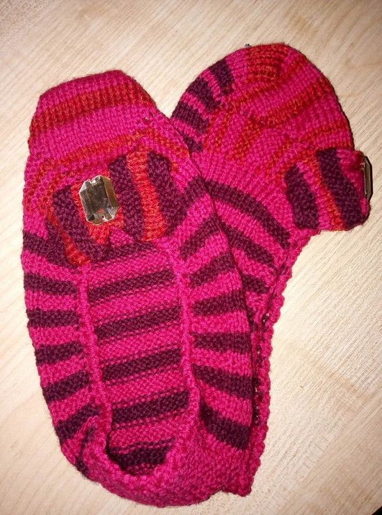 Pair of knitted slipper socks laid flat