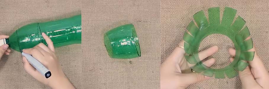 Пластиковую бутылку разрезают и нарезают край бахромой для основания вазы