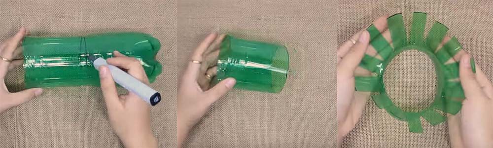 Из средней части бутылки вырезают кольцо с бахромой для горлышка вазы