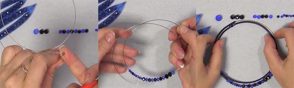Assembling the necklace base with beads and dragonfly wings
