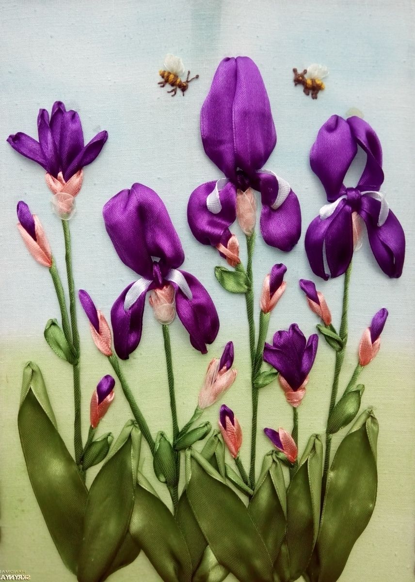Close-up of hand-dyed ribbon embroidery