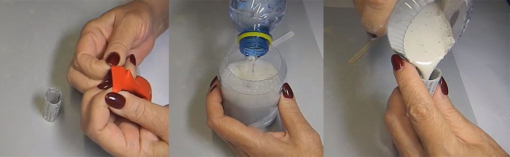 Гипс заливают в воздушный шарик через втулку