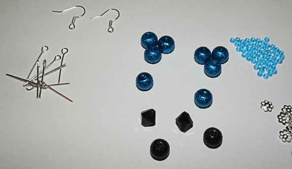 Materials for assembling earrings: beads, seed beads, pins, and ear wires