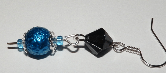 Earring component with a blue bead and a black faceted bead
