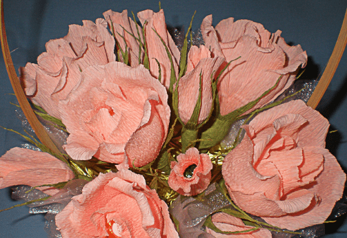Crepe paper roses for a candy bouquet