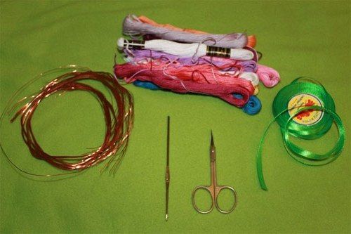 Materials for ganutell: wire, thread, needle, scissors, and green ribbon