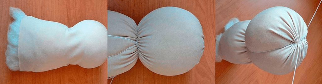 Steps for tying and shaping the cotton head form of a Waldorf doll