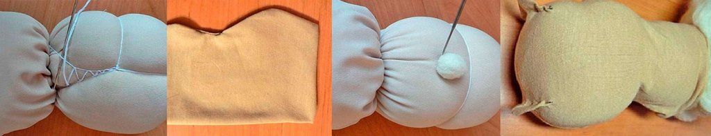 Steps for sewing the fabric piece onto the Waldorf doll's head