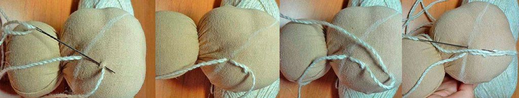 Steps for sewing fabric around the Waldorf doll's head