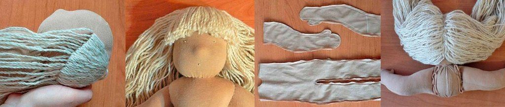Sequence of preparing hair for a Waldorf doll