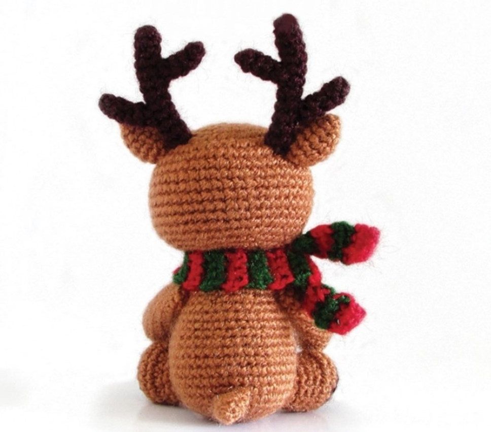 Rear view of a crocheted amigurumi reindeer